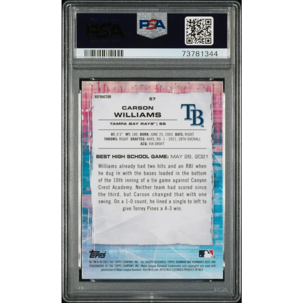 A graded PSA 10 Carson Williams 2021 Bowman’s Best Refractor Gem Mint Card