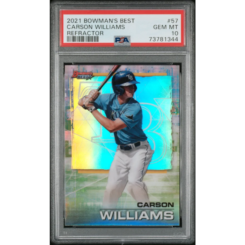 A graded 2021 Bowman’s Best Carson Williams Refractor baseball card PSA GEM MT 10