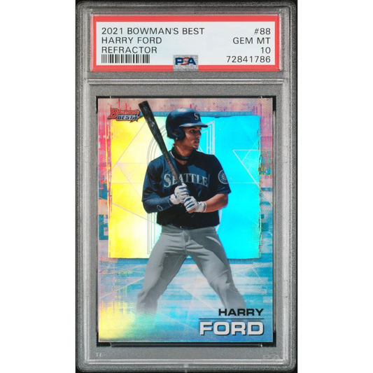 Graded 2021 topps bowmans best harry ford #88 refractor rookie baseball card in seattle mariners uniform psa 10 slab