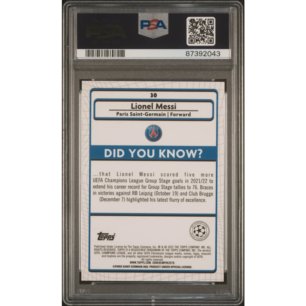 Graded PSA 10 2021 Topps Merlin Chrome UCL Lionel Messi #30 card