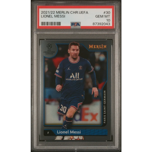 Graded PSA 10 Gem Mint 2021 Topps Merlin Chrome UCL Lionel Messi #30 card