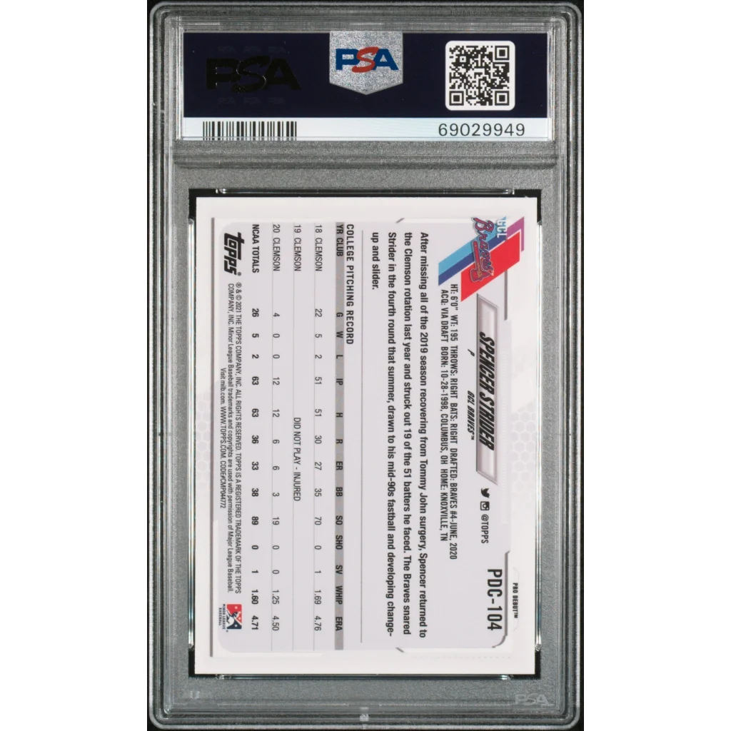 Graded 2021 Topps Pro Debut Spencer Strider #PDC104 Chrome Rookie RC Baseball Card PSA 10 Gem Mint | PSA 10 Gem Mint Graded Rookie Card | vintageantiquesgifts.com