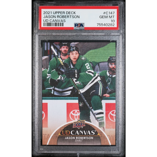 Graded PSA 10 Jason Robertson 2021 Upper Deck Canvas hockey card on display