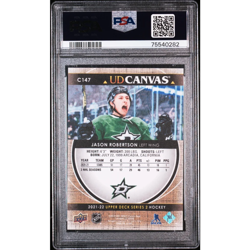 Graded 2021 Upper Deck Jason Robertson #C147 UD Canvas Rookie RC Hockey Card PSA 10 Gem Mint | PSA 10 Gem Mint Graded Rookie Card | vintageantiquesgifts.com