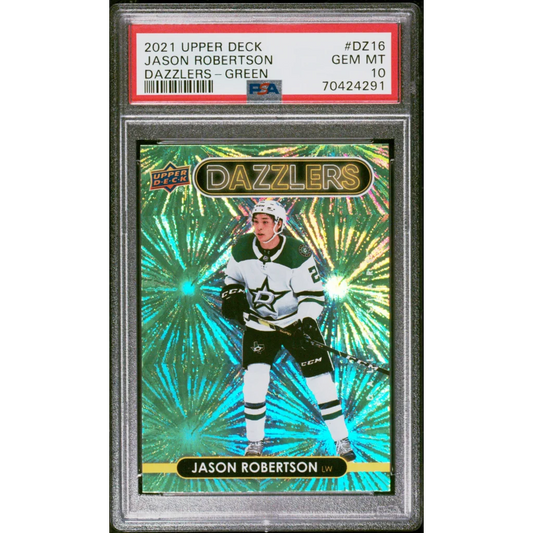 Graded 2021 Upper Deck Jason Robertson #DZ16 Dazzlers Green Hockey Card PSA 10 Gem Mint | Hall of Fame Sports Memorabilia | vintageantiquesgifts.com