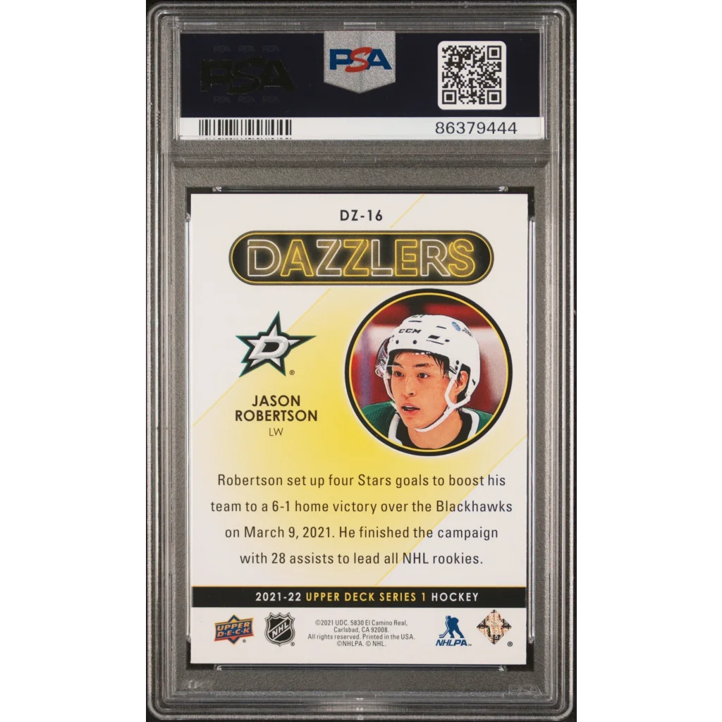 Gem Mint 10 Jason Robertson Dazzlers Purple Hockey Card in a cool display case