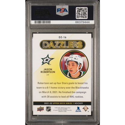 Gem Mint 10 Jason Robertson Dazzlers Purple Hockey Card in a cool display case