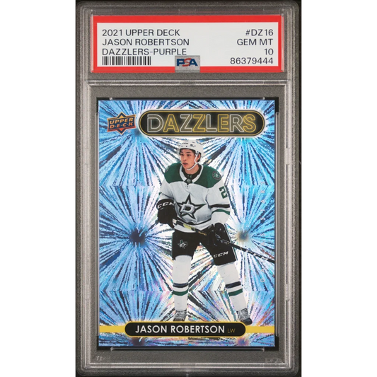 A graded Gem Mint 10 2021 Upper Deck Dazzlers Purple Jason Robertson hockey card