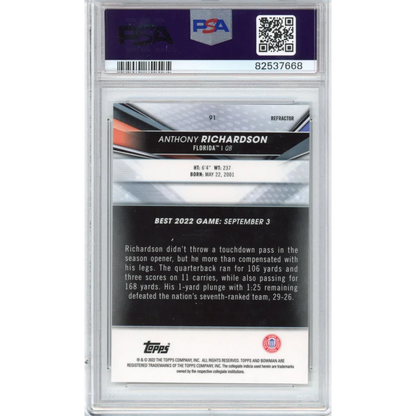 PSA Graded 2022 Anthony Richardson Refractor Football Card showing graded football trading card