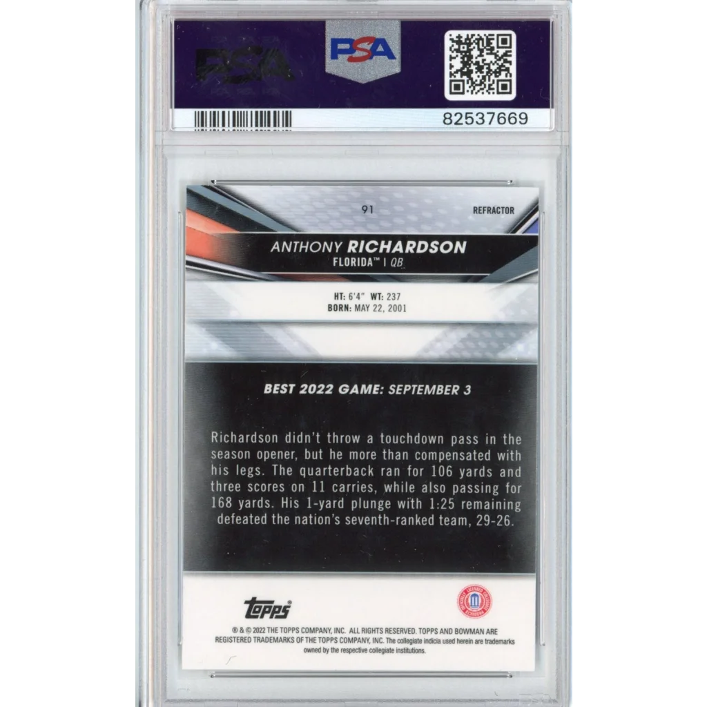 Graded PSA 10 Anthony Richardson Refractor Football Card ready to dominate