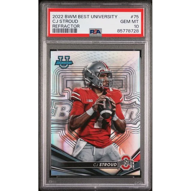 Graded 2022 CJ Stroud Bowman University Refractor football card in PSA holder