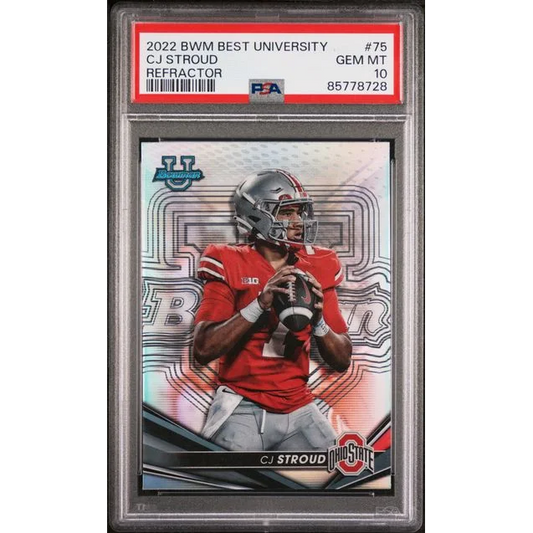 Graded 2022 CJ Stroud Bowman University Refractor football card in PSA holder