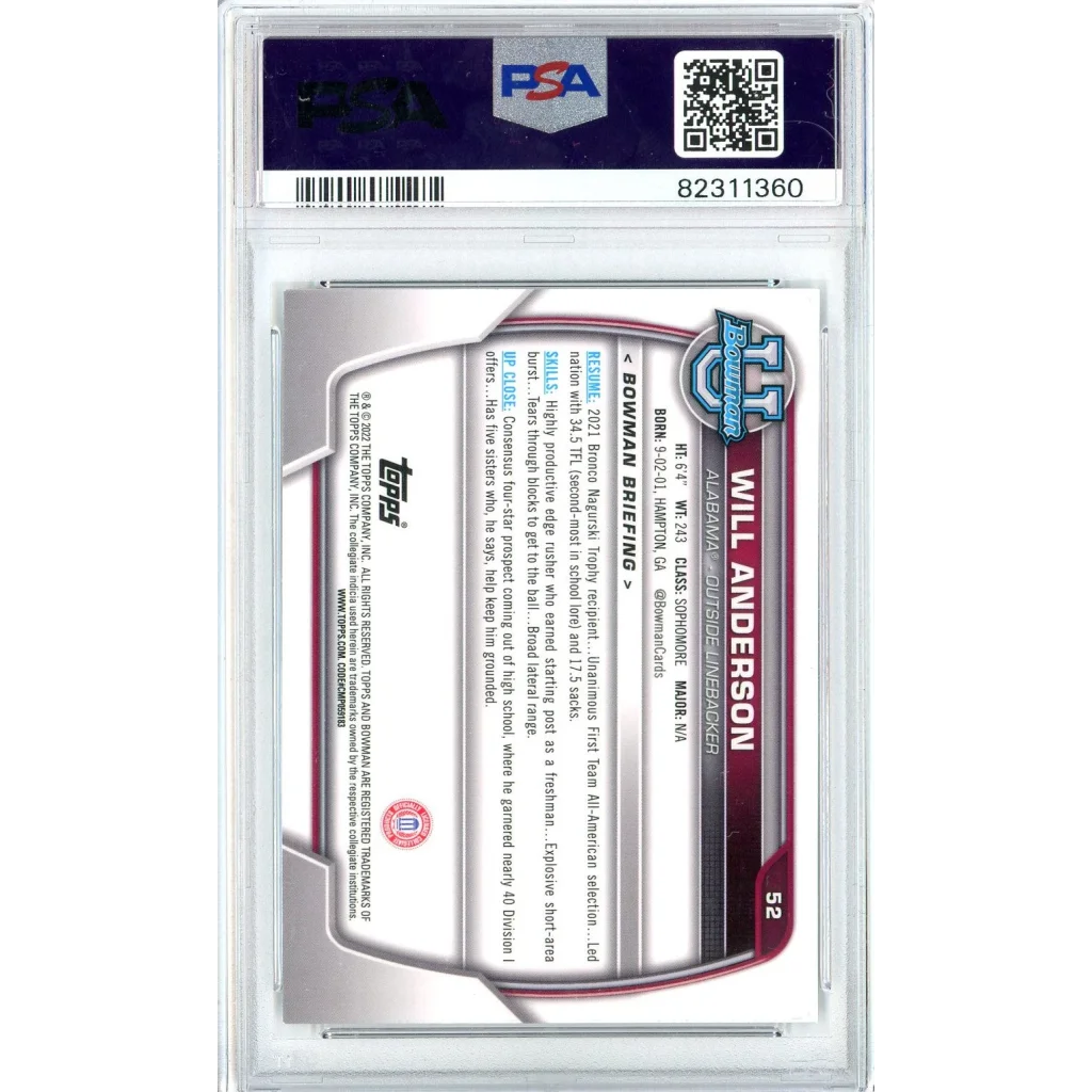Graded PSA 10 2022 Bowman University Will Anderson Chrome Rookie Football Card