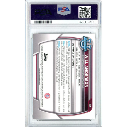 Graded PSA 10 2022 Bowman University Will Anderson Chrome Rookie Football Card