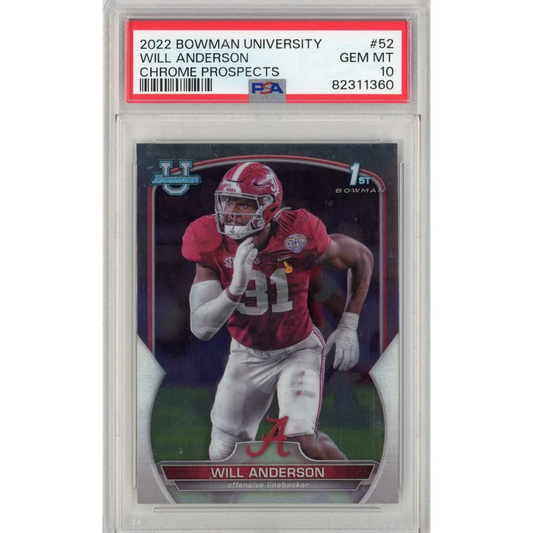 Graded 2022 Bowman University Will Anderson #52 Chrome Prospects Rookie RC Football Card PSA 10 Gem Mint | Hall of Fame Sports Memorabilia | vintageantiquesgifts.com