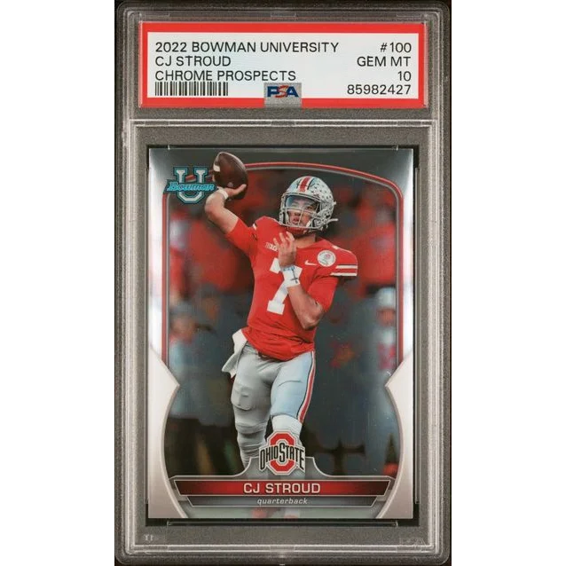 Graded 2022 Bowman University CJ Stroud #100 Chrome Prospects Rookie RC Football Card PSA 10 Gem Mint | Hall of Fame Sports Memorabilia | vintageantiquesgifts.com
