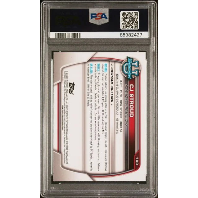 PSA graded CJ Stroud 2022 Bowman Chrome rookie card on display