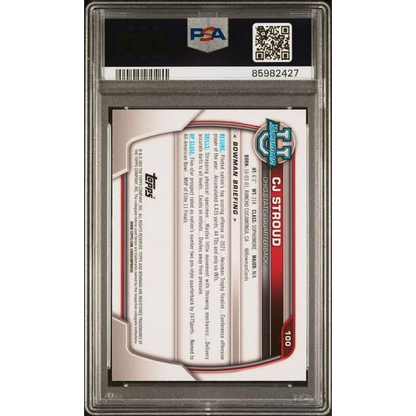PSA graded CJ Stroud 2022 Bowman Chrome rookie card on display
