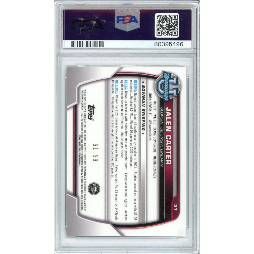 Graded PSA 10 2022 Bowman Chrome Jalen Carter Rookie Football Card