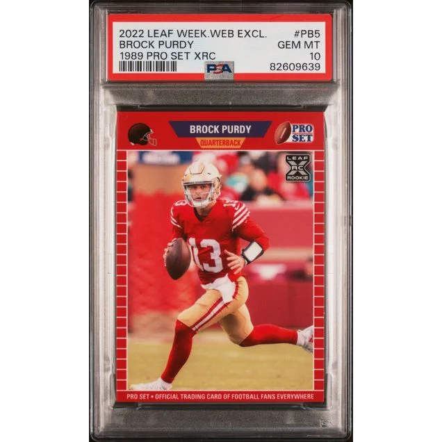 PSA Graded Brock Purdy Rookie Football Card on display in a cool product shot