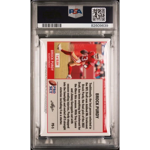 PSA graded Brock Purdy rookie football card on display for collectors