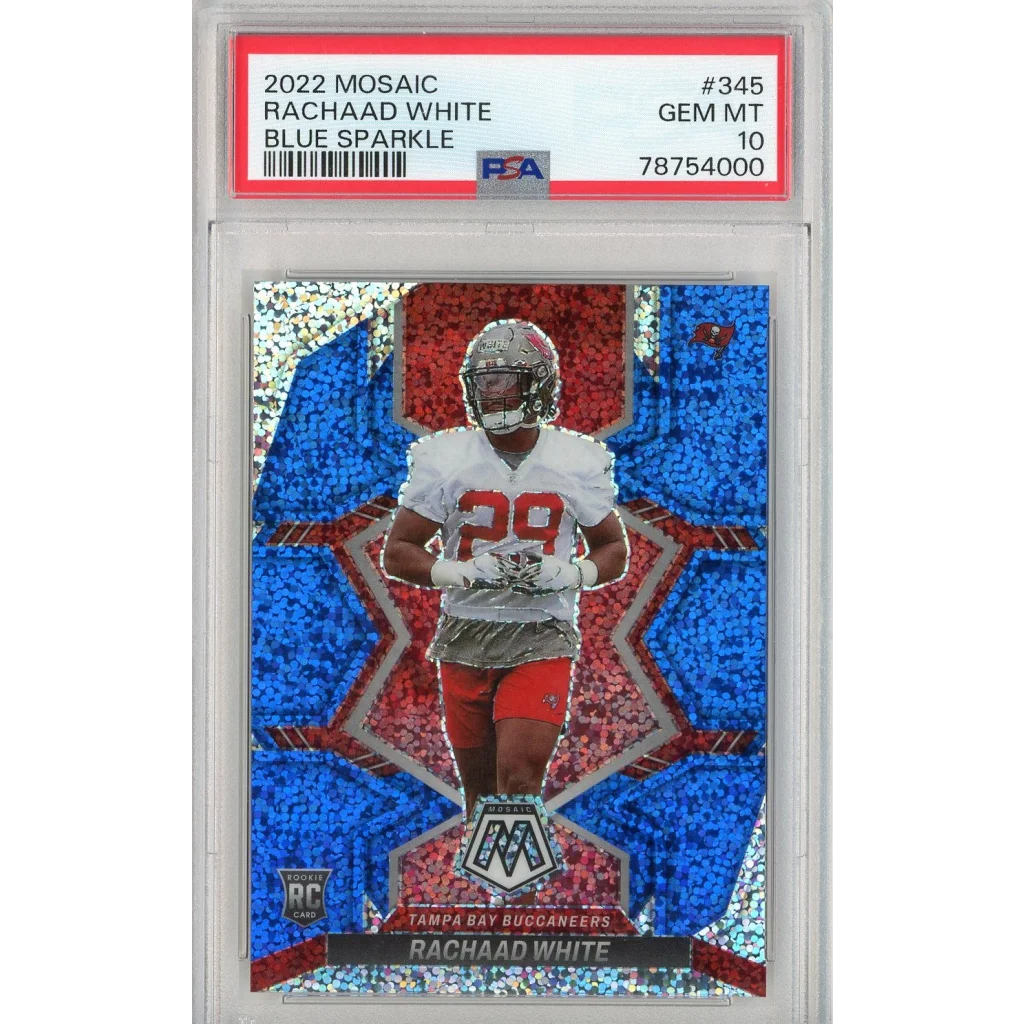 Graded 2022 Mosaic Rachaad White #345 Blue Sparkle Rookie RC Football Card PSA 10 Gem Mint | Hall of Fame Sports Memorabilia | vintageantiquesgifts.com