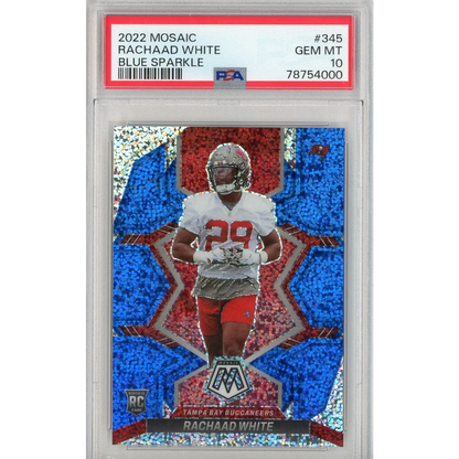 Graded 2022 Mosaic Rachaad White #345 Blue Sparkle Rookie RC Football Card PSA 10 Gem Mint | Hall of Fame Sports Memorabilia | vintageantiquesgifts.com