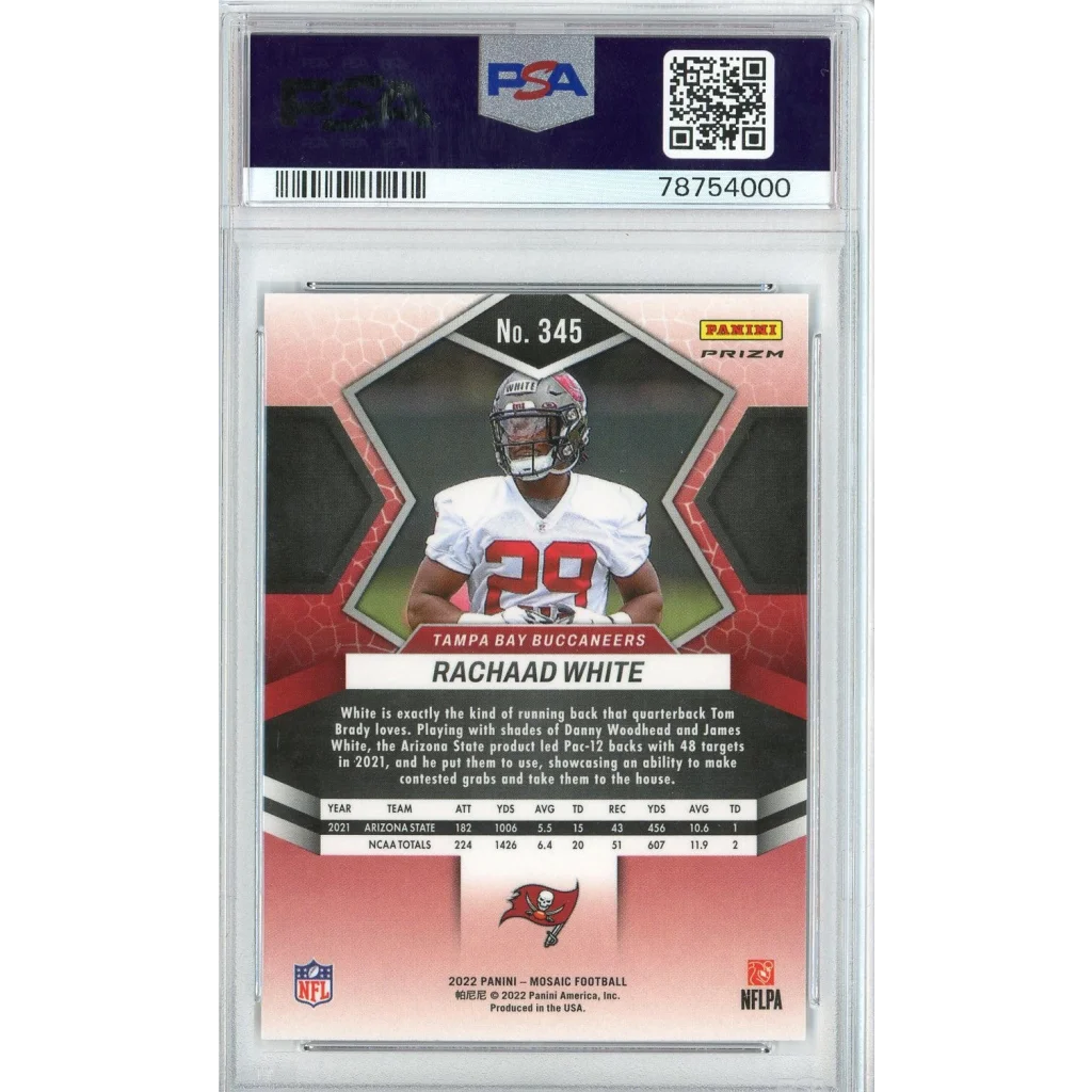 Graded 2022 Mosaic Rachaad White #345 Blue Sparkle Rookie RC Football Card PSA 10 Gem Mint | PSA 10 Gem Mint Graded Rookie Card | vintageantiquesgifts.com