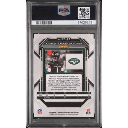 PSA 10 Graded 2022 Panini Prizm Black Ahmad Sauce Gardner Jets Rookie Card