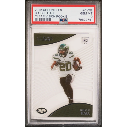 Graded 2022 Panini Chronicles Breece Hall #CVR2 Clear Vision Rookie RC Football Card PSA 10 Gem Mint | Hall of Fame Sports Memorabilia | vintageantiquesgifts.com