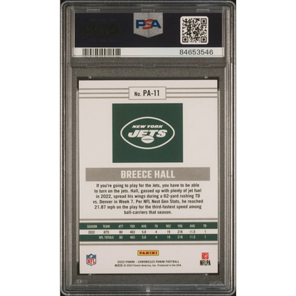 Graded 2022 Panini Chronicles Breece Hall #PA11 Panini Rookie RC Football Card PSA 10 Gem Mint | PSA 10 Gem Mint Graded Rookie Card | vintageantiquesgifts.com