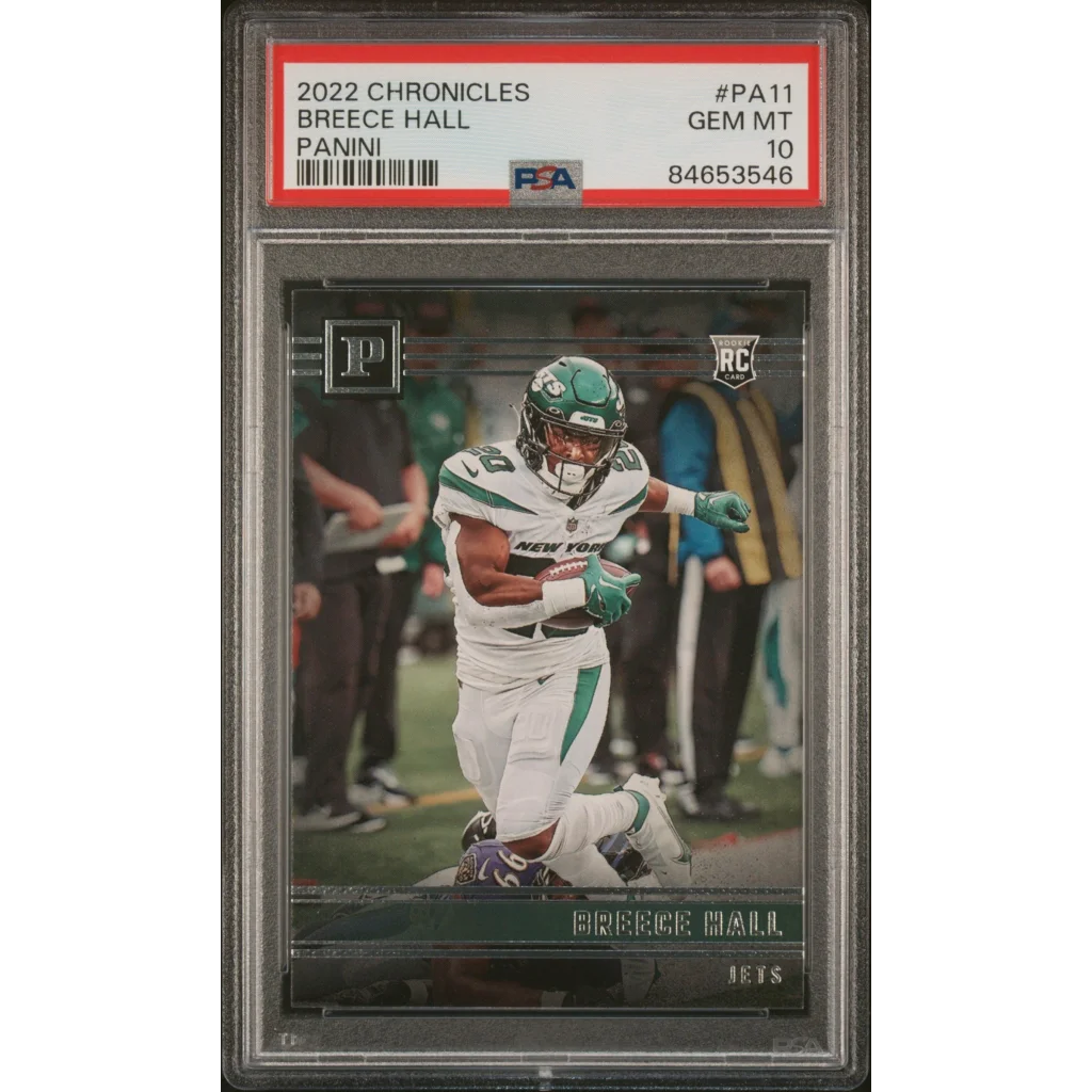 Graded 2022 Panini Chronicles Breece Hall #PA11 Panini Rookie RC Football Card PSA 10 Gem Mint | Hall of Fame Sports Memorabilia | vintageantiquesgifts.com