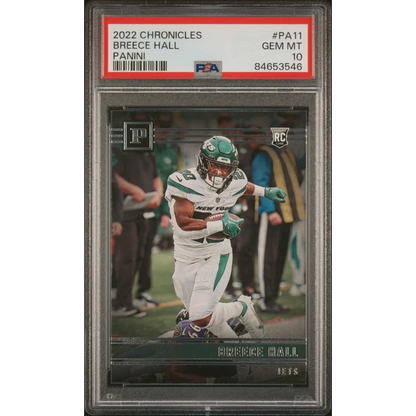 Graded 2022 Panini Chronicles Breece Hall #PA11 Panini Rookie RC Football Card PSA 10 Gem Mint | Hall of Fame Sports Memorabilia | vintageantiquesgifts.com