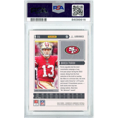 Graded PSA 10 Brock Purdy 2022 Chronicles Luminance Rookie Card GEM MINT