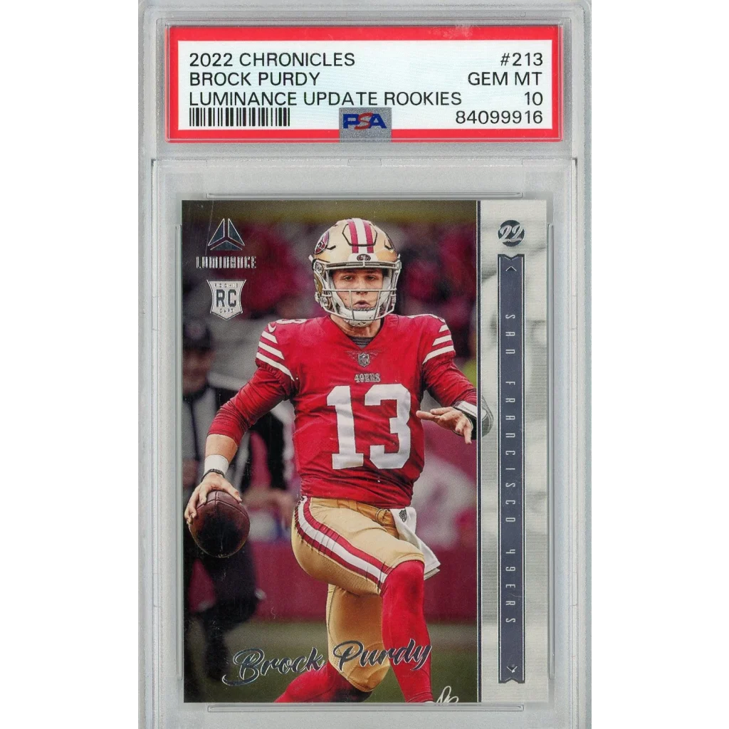 Graded Brock Purdy 2022 Chronicles Luminance Rookie Card PSA 10 GEM MT