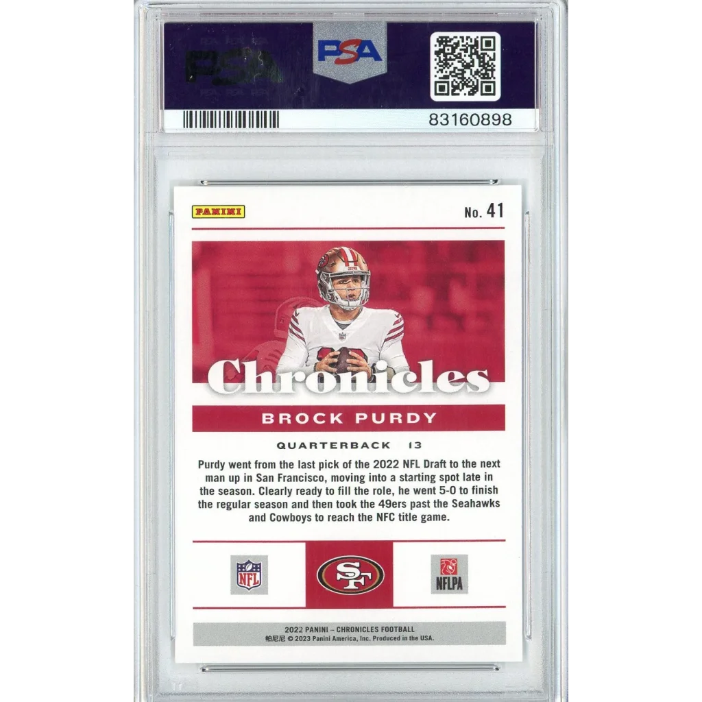 Graded 2022 Panini Chronicles Brock Purdy #41 Rookie RC Football Card PSA 10 Gem Mint | PSA 10 Gem Mint Graded Rookie Card | vintageantiquesgifts.com