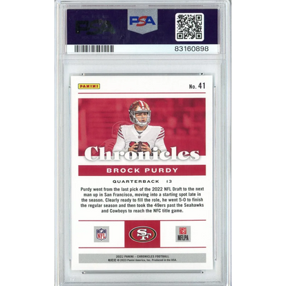 Graded 2022 Panini Chronicles Brock Purdy #41 Rookie RC Football Card PSA 10 Gem Mint | PSA 10 Gem Mint Graded Rookie Card | vintageantiquesgifts.com
