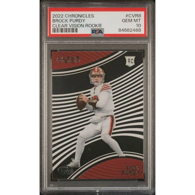 PSA graded 2022 Chronicles Brock Purdy Clear Vision Rookie football card on display