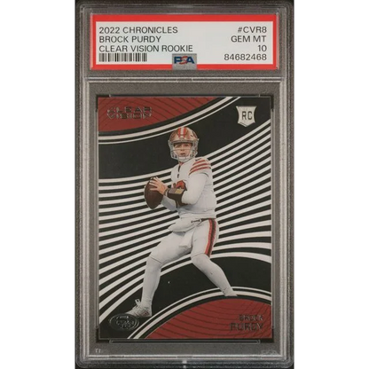 PSA graded 2022 Chronicles Brock Purdy Clear Vision Rookie football card on display