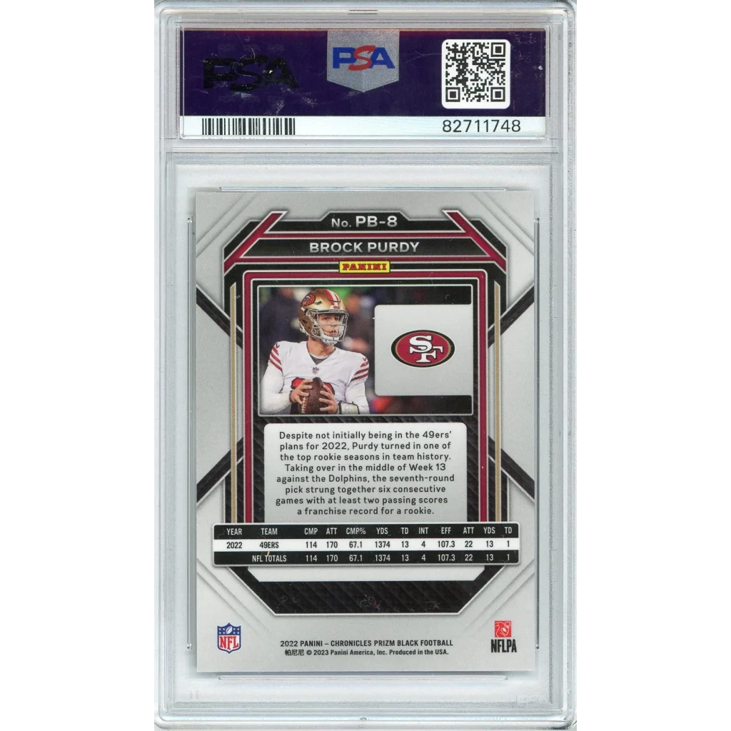 Graded 2022 Panini Chronicles Brock Purdy #PB8 Prizm Black Rookie RC Football Card PSA 10 Gem Mint | PSA 10 Gem Mint Graded Rookie Card | vintageantiquesgifts.com