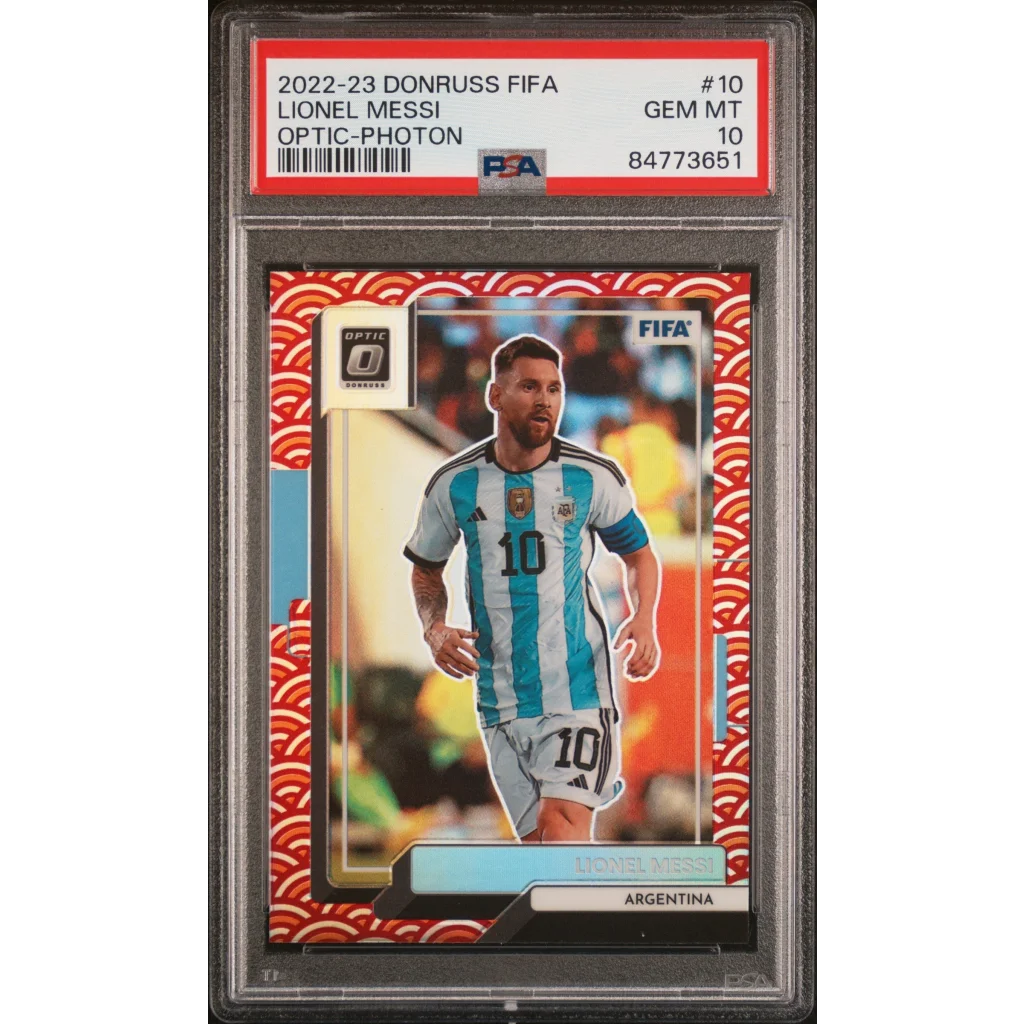 Photo of PSA graded Lionel Messi Optic Photon FIFA soccer card 2022-23