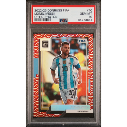 Photo of PSA graded Lionel Messi Optic Photon FIFA soccer card 2022-23