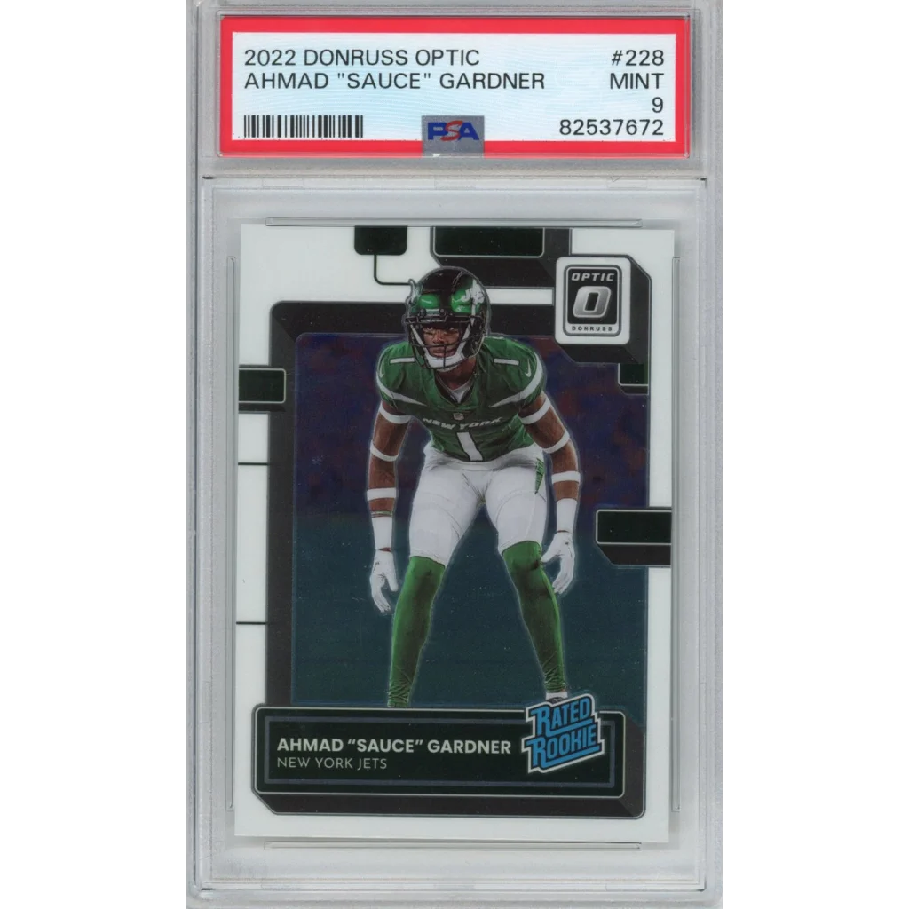 2022 Donruss Optic Ahmad Sauce Gardner football card graded PSA 9 MINT