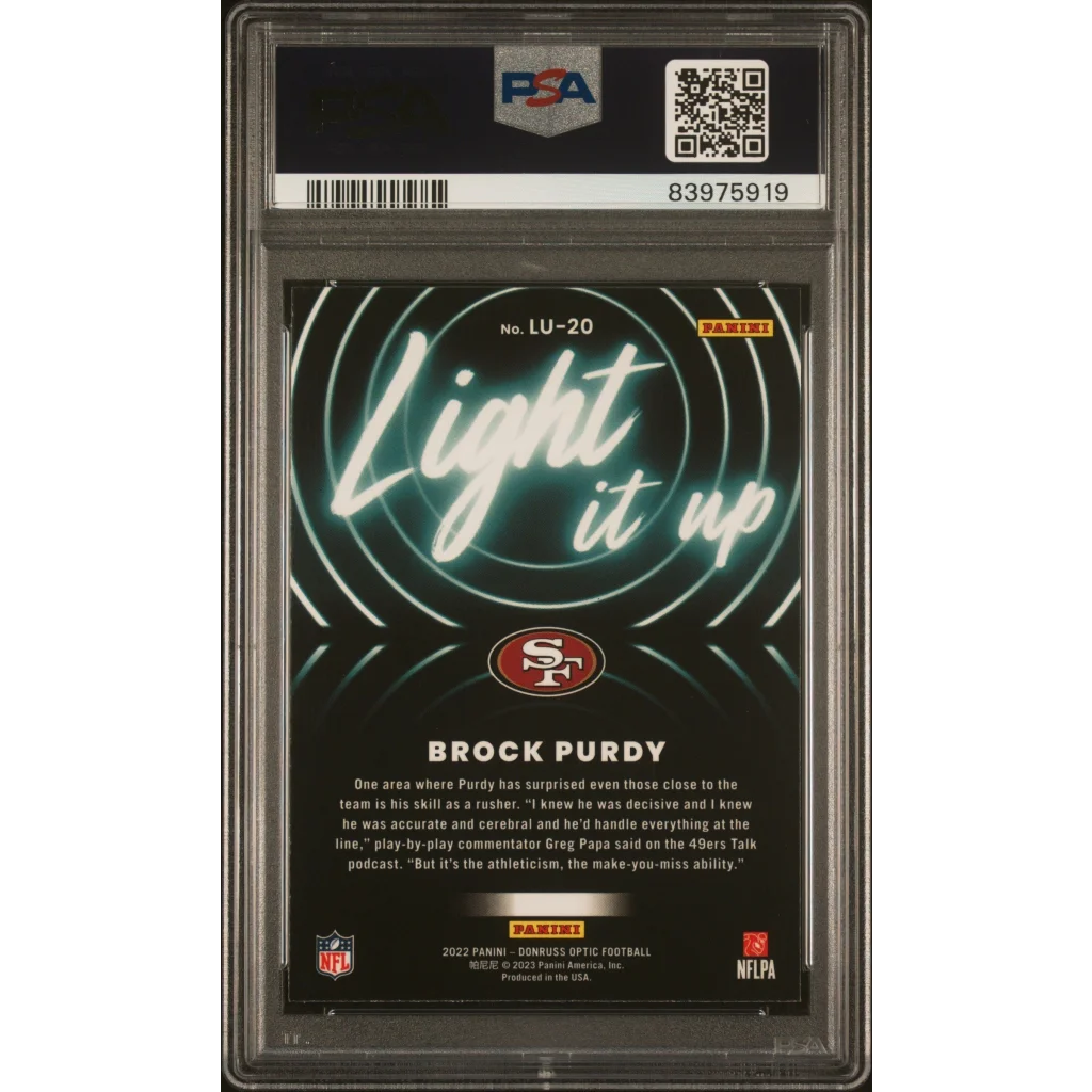 Graded PSA 10 2022 Panini Donruss Optic Brock Purdy Light It Up RC card