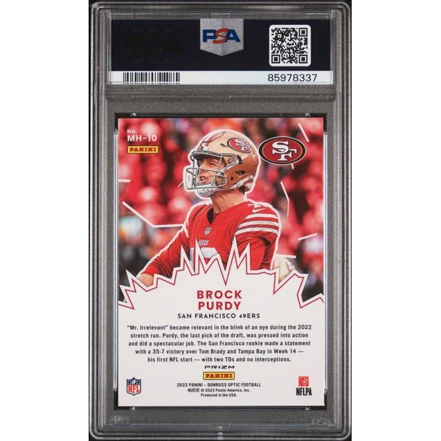 PSA 10 Graded 2022 Panini Donruss Optic Brock Purdy Rookie RC Card in Red Gold Slab
