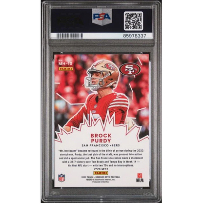 PSA 10 Graded 2022 Panini Donruss Optic Brock Purdy Rookie RC Card in Red Gold Slab