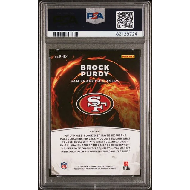 Graded 2022 Panini Donruss Optic Brock Purdy football card by PSA, sports authenticator