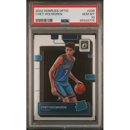 A graded 2022 Donruss Optic Chet Holmgren rookie card with PSA 10 GEM MT rating