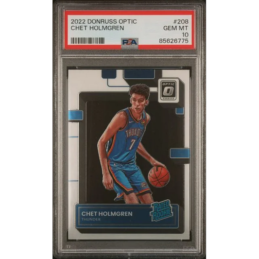 A graded 2022 Donruss Optic Chet Holmgren rookie card with PSA 10 GEM MT rating