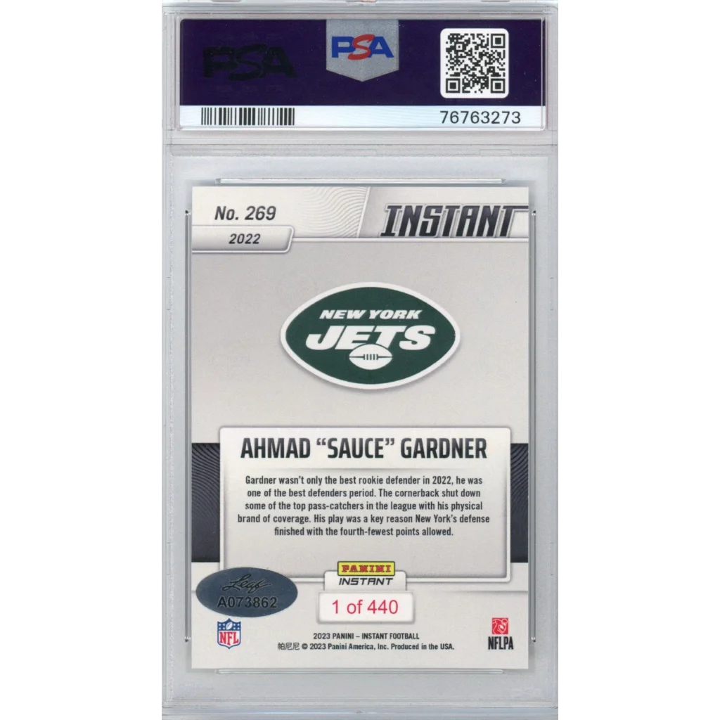 2022 Panini Instant Ahmad Sauce Gardner football card serial numbered 1 of 440 in PSA 10